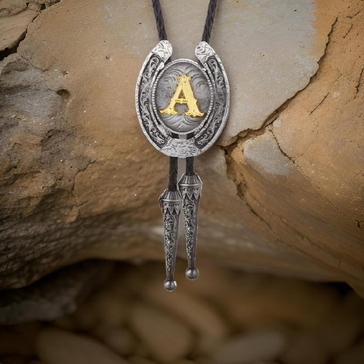 Men Faux Leather Rope Adjustable Bolo Tie Western Metal Initial Letter Pendant Shirt Collar Necktie Jewelry Necklace