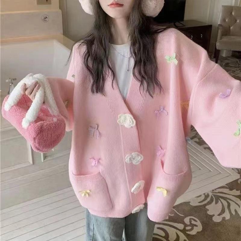 Ladies Bow Flower Decorative Sweater Korean Sweet Women V-neck Knitted Cardigan Autumn Loose Versatile Female Single Breasted