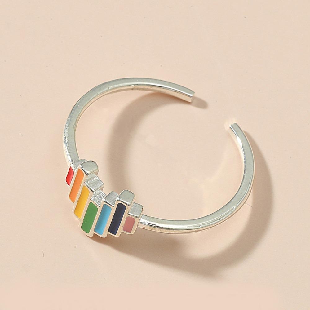 Korea Cute Sweet Multicolor Enamel Rainbow Stainless Steel Opening Adjustable Heart Ring for Fashion Finger Jewelry Accessories