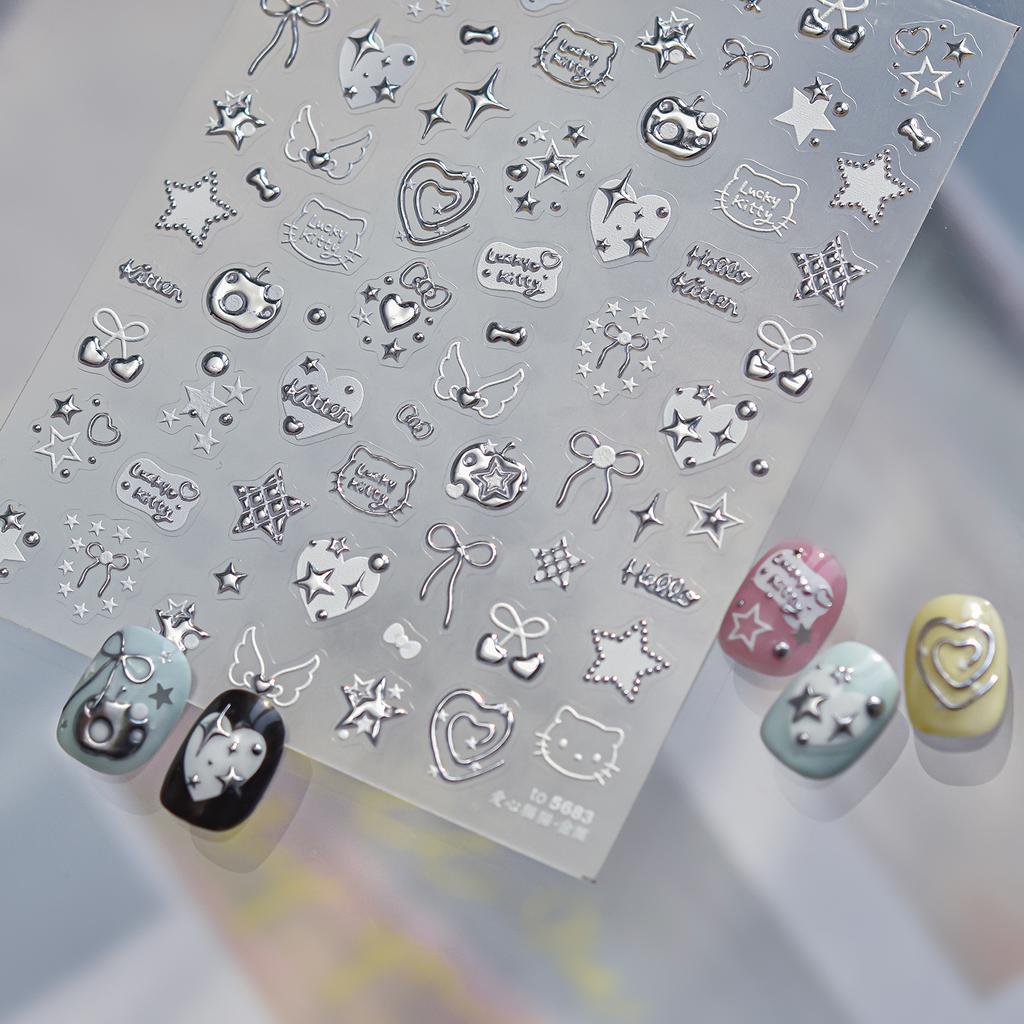 Metallic Texture Silver Nail Stickers 5D Embossed Stars Bow Love Cat Wings Nail Art Stickers DIY Nail Decorations Decals