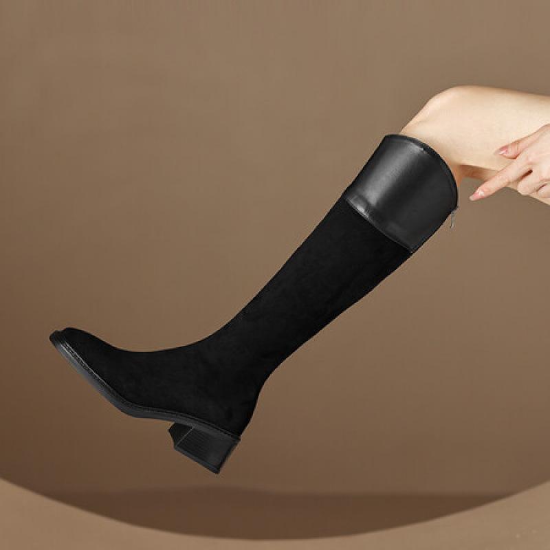 Korean Version of the New Medium-heeled High Boots, Comfortable Square-heeled Thick-soled Non-slip Leather Boots, Zipper Solid-color Martin Boots Aft