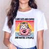 Cat I Like Cats and Coffee and Maybe 3 People Print T-Shirt Women Summer New Casual Short Sleeve Round Neck Tops Fashion T-Shirt