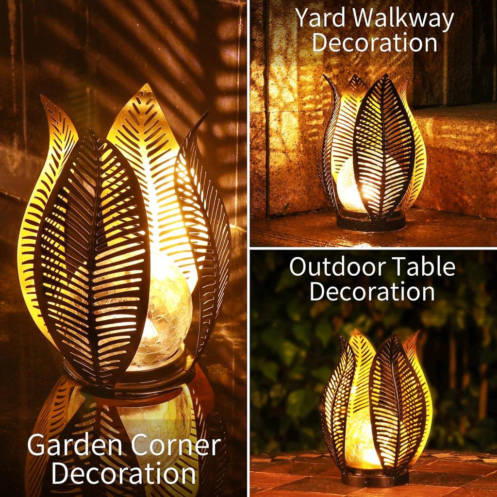 Solar Garden Lights Waterproof Crackled Globe Glass Metal Palm Leaf Outdoor Decor for Garden Patio Yard Front Porch Tabletop Lam