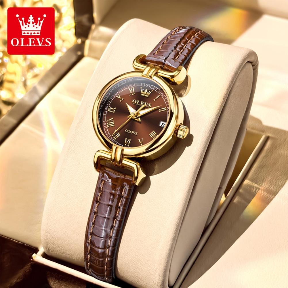 OLEVS Luxury Original Woman Round Watch Brown Small Leather Strap 3ATM Waterproof Date Elegant Quartz Ladies Wristwatch