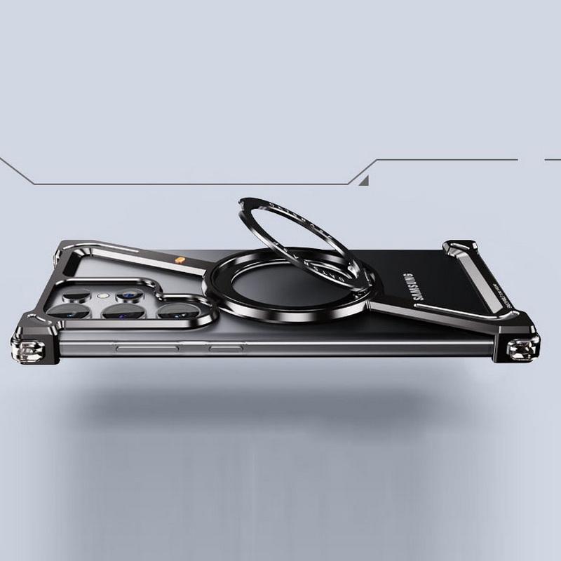 Aluminum Alloy Rimless Magnetic Case for Samsung S25 Ultra S24 Plus with 360 ° Rotation Metal Stand for Magsafe Buffer Hard Cover