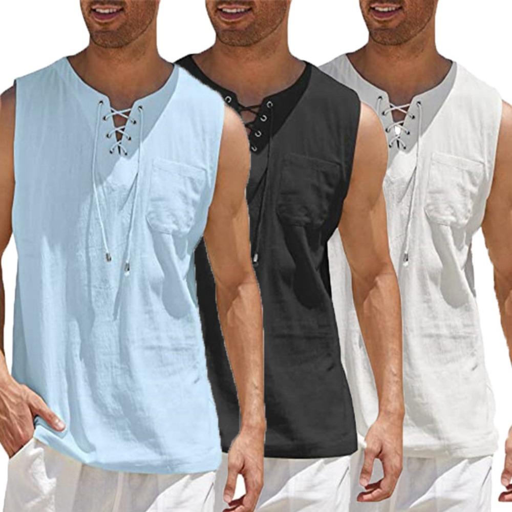 New Men's Sleeveless Top with Tie Up Stand Collar Pullover Shirt