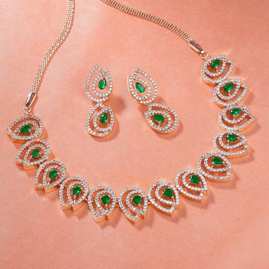 Estele Designer-Halsketten-Set für Damen, Roségold, patiniert, Zirkonia, Smaragdsteine