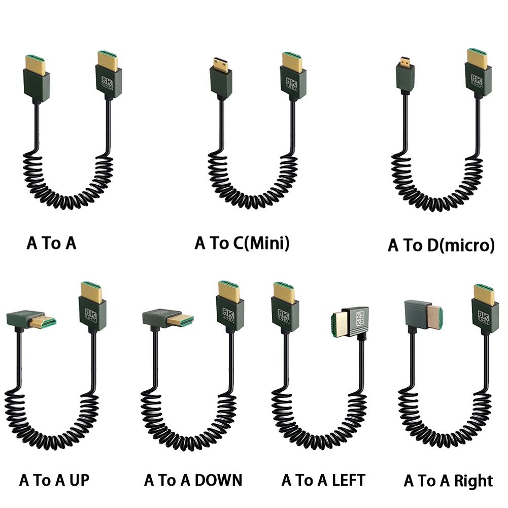 8K Ultra HD HDMI-Compatible To HDMI-Compatible Coiled Cable Male To Male Extreme Thin HDMI-Compatible 2.1 Cable 8K@60Hz 4K@120Hz