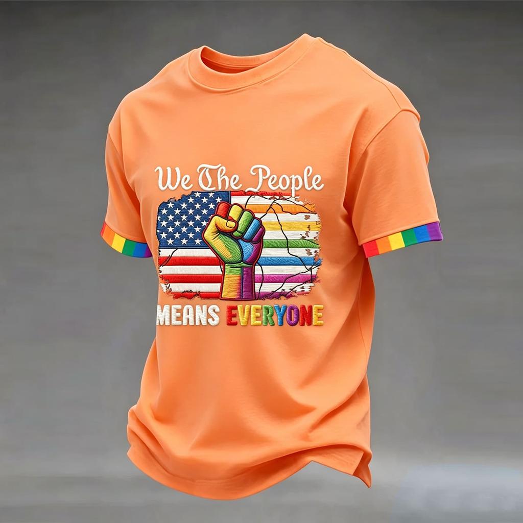 Short Sleeve Crew Neck T Shirt with Graphic Print United States Flag Raised Fist Lettering Design Casual Fit Unisex Top