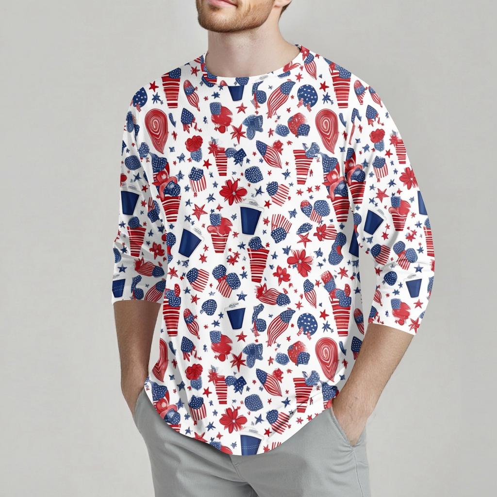Men's Fashion Casual Independence Day Print  Neck Seven-point Sleeve Top T-shirt
