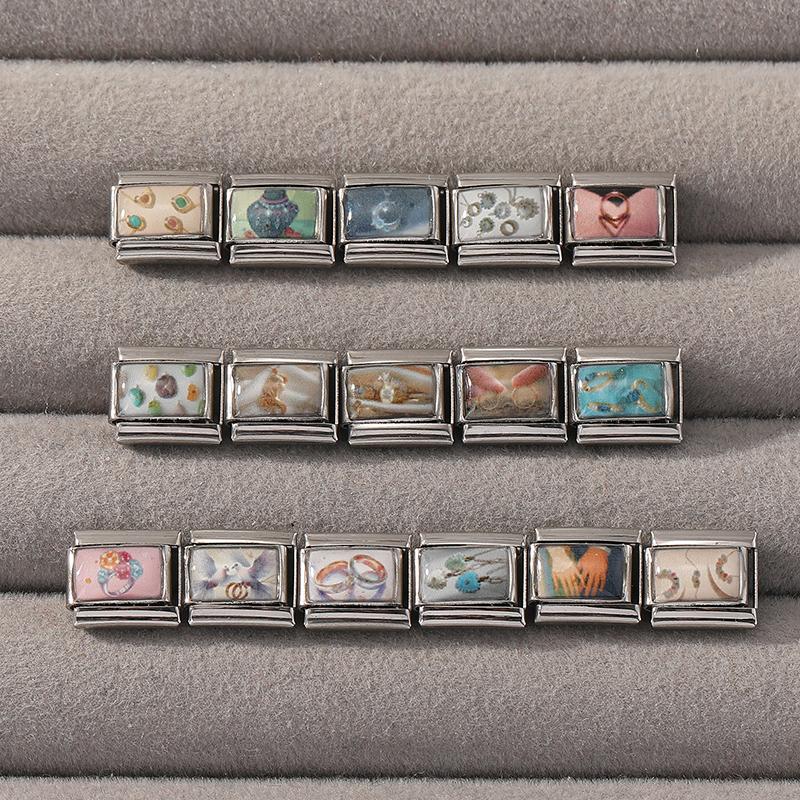 Sweet Ring Necklace Heart Flowers Pattern Charm Beads Fit 9MM Stainless Steel Bracelet Couple DIY Making Wedding Jewelry Gift