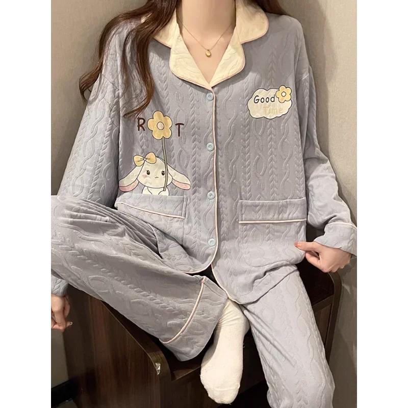 Autumn Cotton Women's Pajamas Long-sleeved Two-piece Silk Pajamas Women's Home Wear Pajamas Pants Set