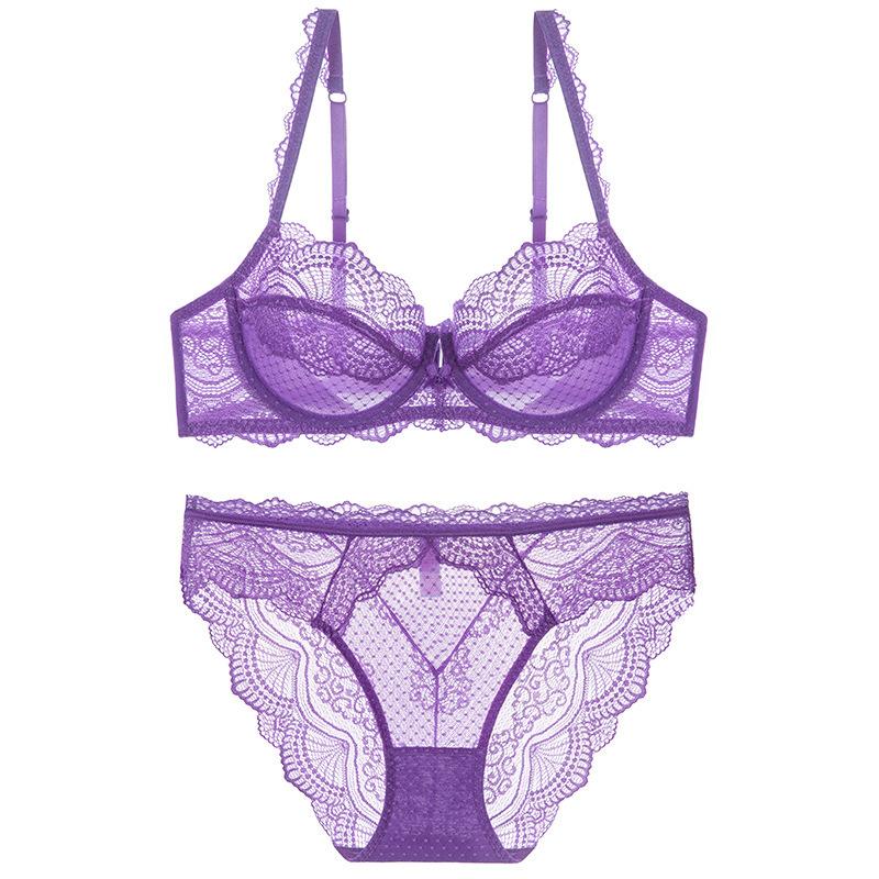 

Sexy underwear women s French thin pure lace bra large chest small anti-sagging large size underwear 95D фіолетовий