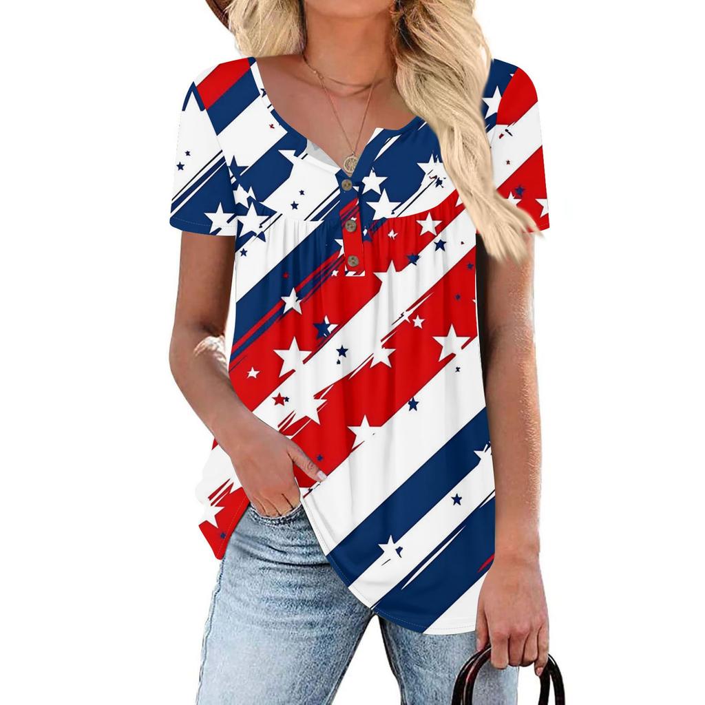 Women Tunic Tops Dressy Casual Summer Short Sleeve Shirts Loose Fit Pleated Boho Top Independence Day