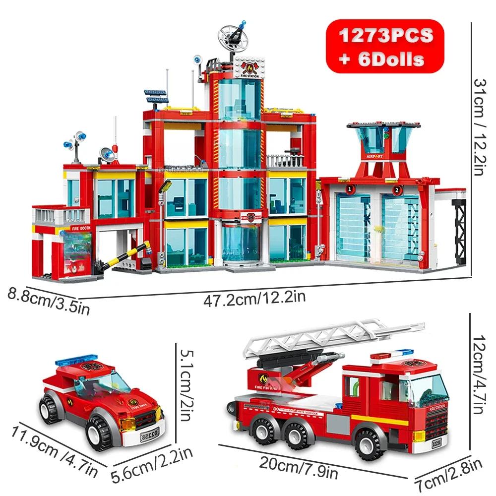 City Fire Station Ladder Truck Helicopter Car Rescue Boat Firefighter Figure Aircraft Model Moc Building Blocks Toy for Boy Gift