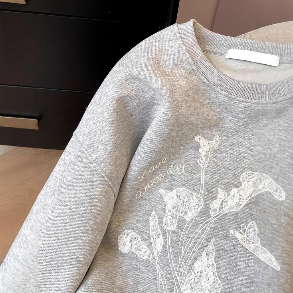 Übergroßer Frühling und Herbst Bestickter Lockerer Lässiger Kapuzenpullover Damen Spitze Modischer Patchwork Top