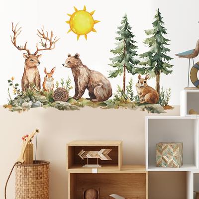 Watercolor Cartoon Animal Forest Bedroom Study Background Beautification and Decoration Wall Stickers
