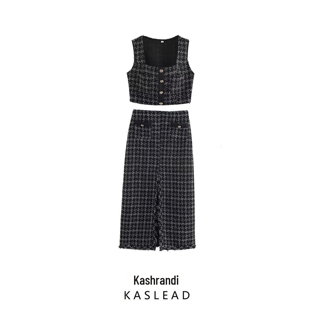 

2025 Spring Women s European & American Style Tweed Set: Fashionable Short Top & Half Skirt Small