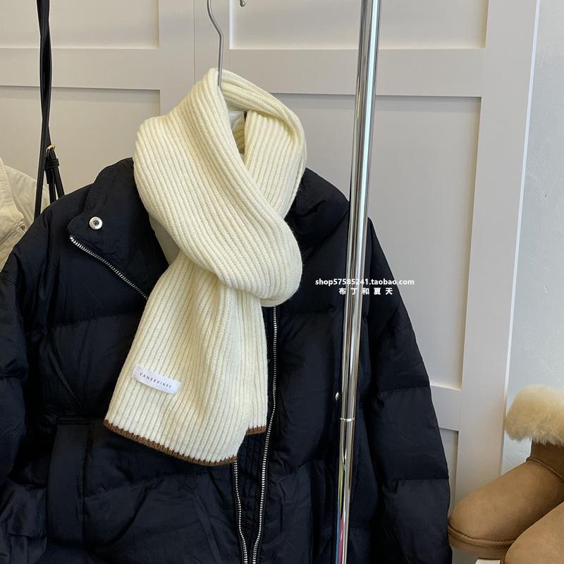 New Scarf Solid Color White Knitted Scarf Autumn and Winter Women's Korean Version Versatile Warm Simple Versatile Scarf