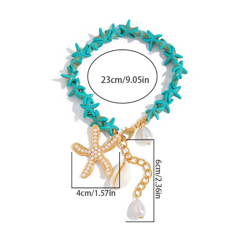 Shell Detail Anklet for Women Starfish Pendant Bead Drops Gold Tone Chain Jewelry for Beach Vacation Summer Styling