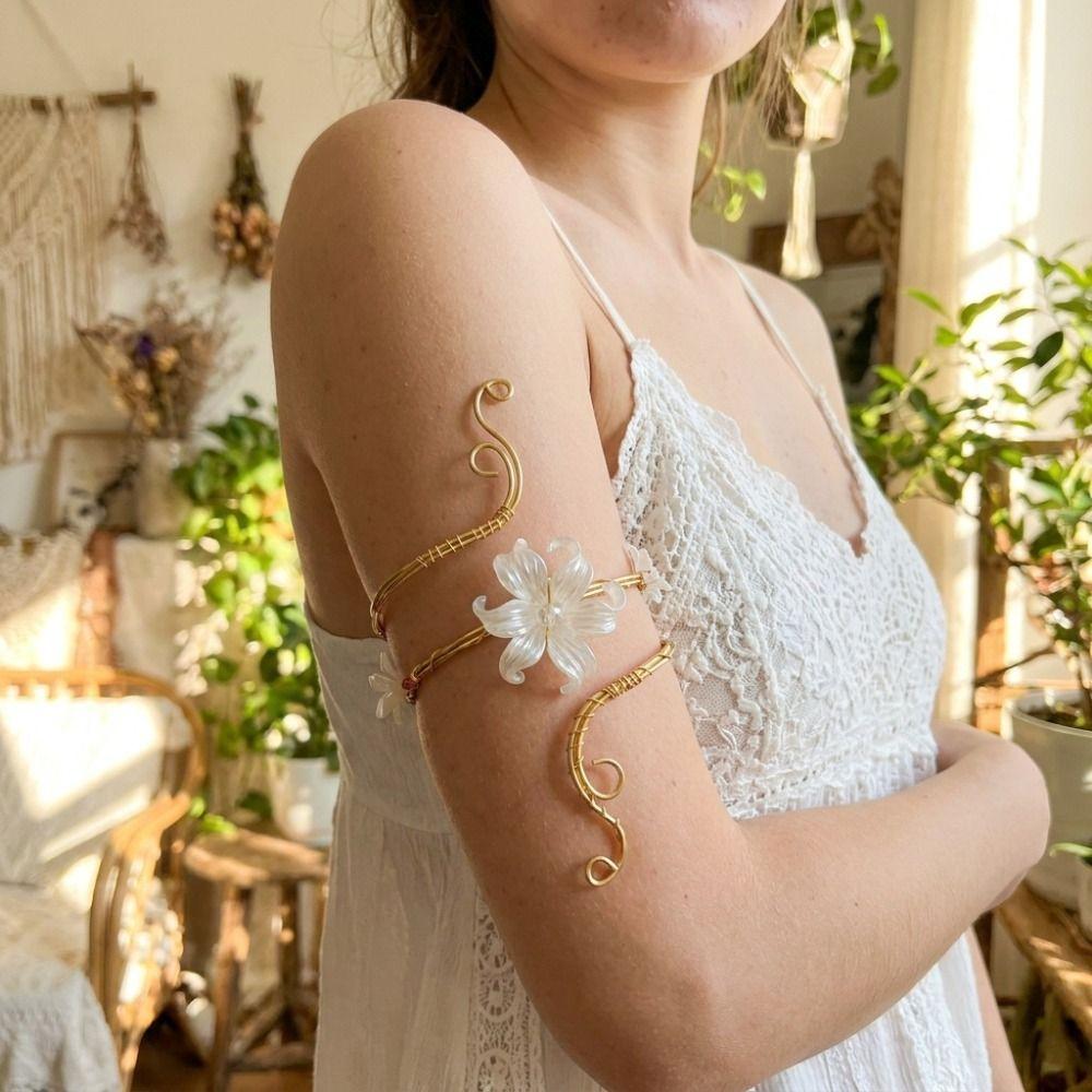 Adjustable Floral Open Cuff Armlet Gold Color Metal Open Arm Ring Flower Cuff Bracelet  For Women