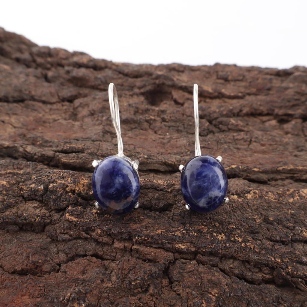 Cercei cu pietre prețioase Sodalit lucrați manual, Cercei din argint sterling 925 masiv, Bijuterii Yoga, Cercei lucrați manual pentru cadou de logodnă