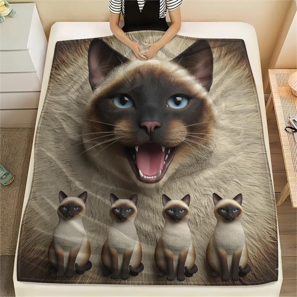 1Pc Cow Cat Siamese Print Flannel Blanket, High Quality Comfortable for All Seasons, Home Decor, Warmth and Comfort, Perfect for Gifts