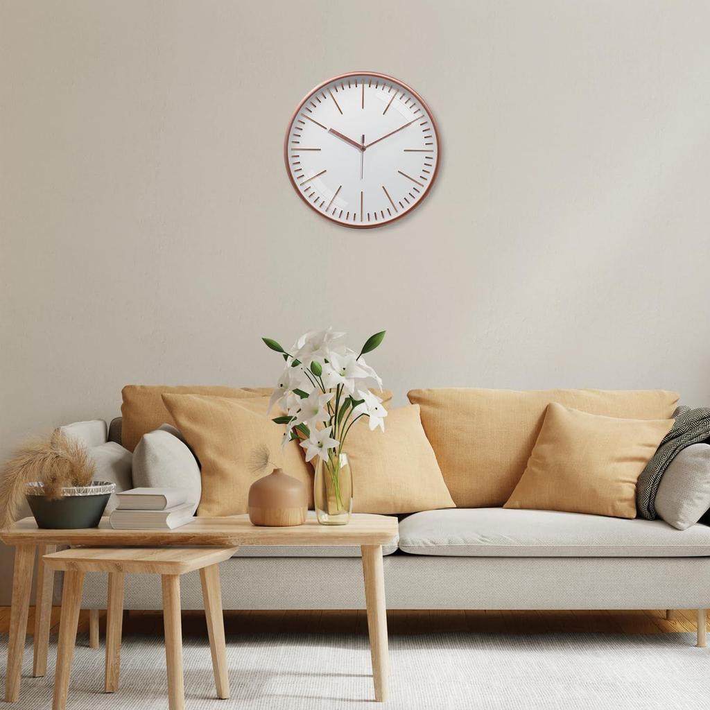 Embossed Metallic Analog Wall Clock, Silent Sweep, Line Time Indicator (12 Inches, Copper and White)