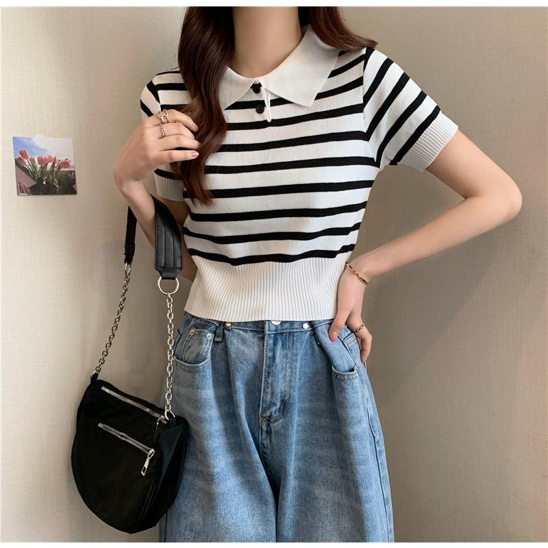 

Универсальные короткие топы для женщин, ретро-трикотаж с цветовыми блоками и полосками, повседневная летняя одежда, комфорт и стиль, облегающие свитера, футболки One Size белый