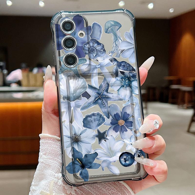 Transparent Flowers Pattern Phone Case For Samsung Galaxy S26 S25 S24 S23 S22 Ultra S25 Edge S24 FE Clear Card Bag Wallet Cover