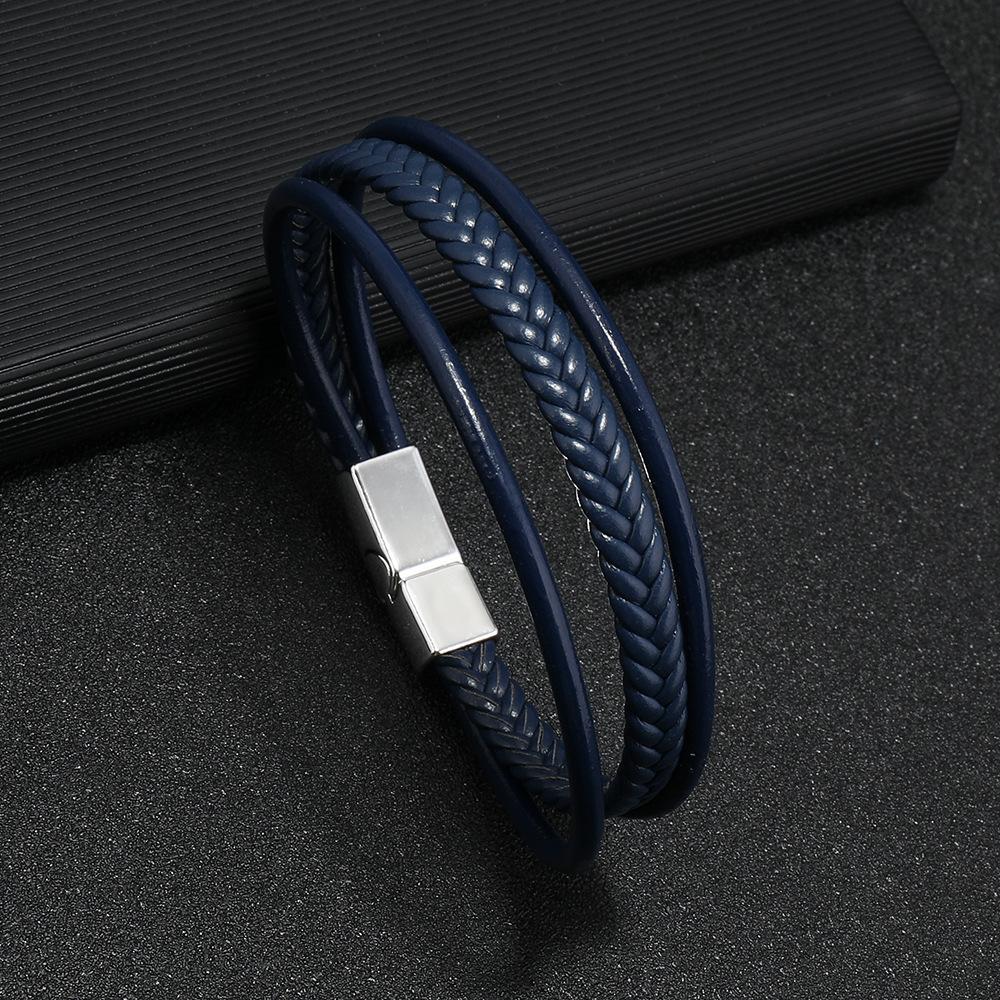 

Multi Layer Braided Leather Bracelet For Men Minimalist Retro Commute Wristband Stylish Durable Accessory тёмно-синий