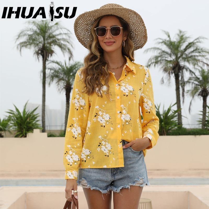 

IHUASU Женские модные повседневные блузки и рубашки с длинным рукавом и воротником поло XXXXXL жёлтый