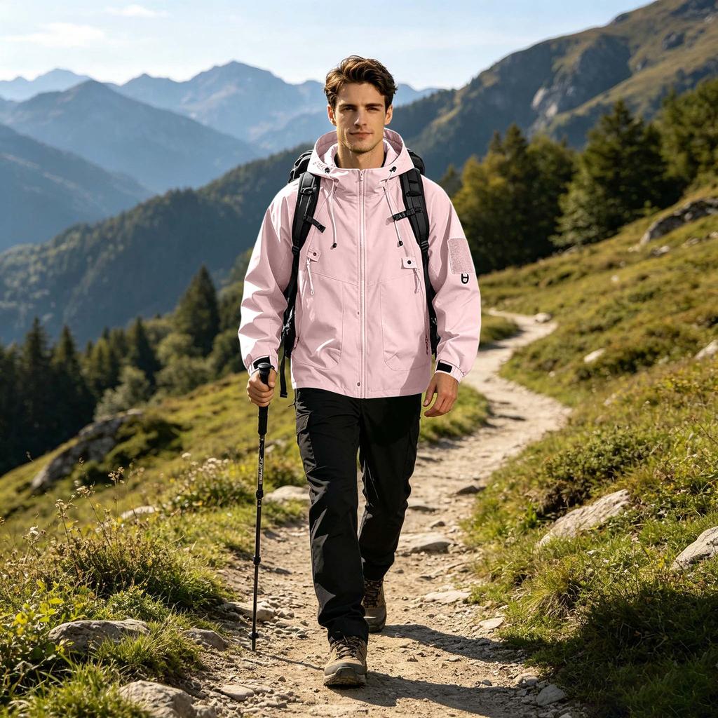 Men's Outdoor Hooded Jacket Thickened Loose Fit Windproof Waterproof Breathable Lightweight Shell for Hiking Camping