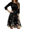 Women's Fashion Casual Waistband Seven Sleeve Round Neck Floral Flowy Dresses