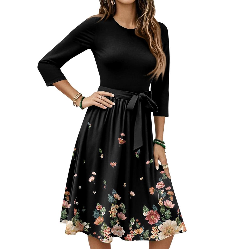 Women's Fashion Casual Waistband Seven Sleeve Round Neck Floral Flowy Dresses