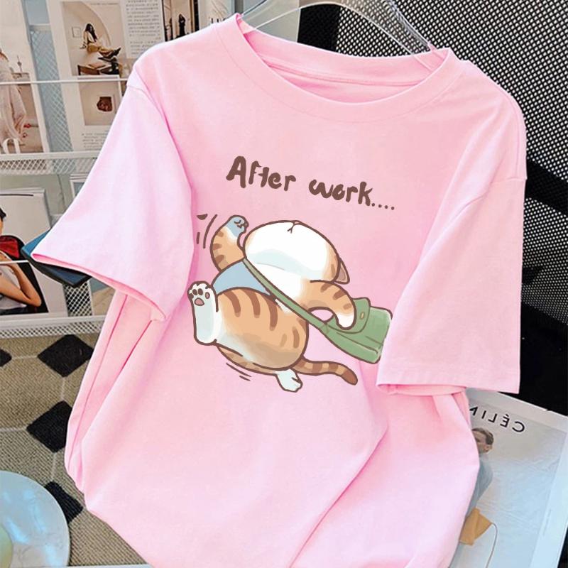 Women T-Shirt Cotton Summer The Cat That Always Wants To Sleep Pattern Prints T Shirt O-Neck Soft Loose Tops Basic Woman Clothes