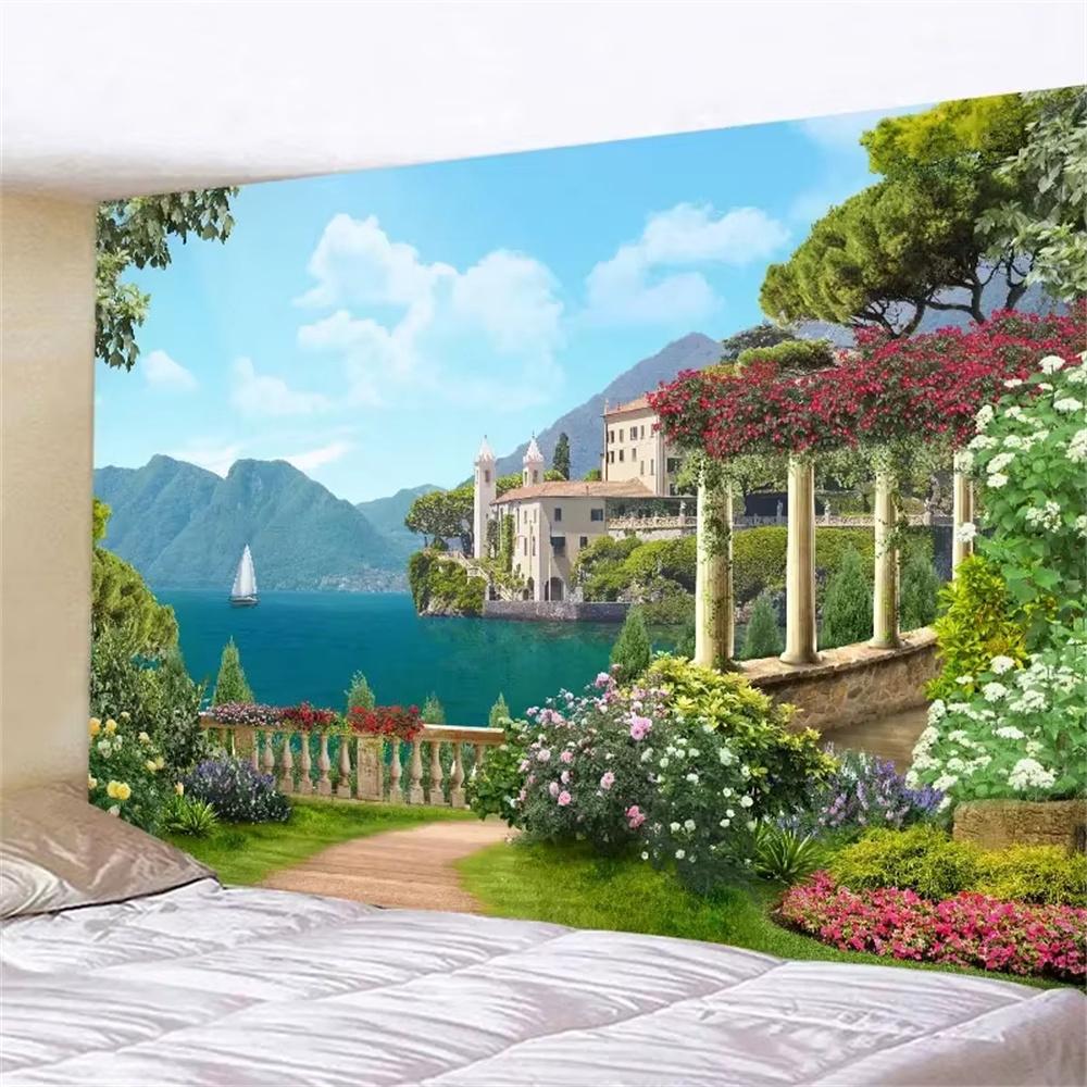 Tessuto Decorativo da Parete Scena Finestra Estetica Arazzo da Parete Arazzi Paesaggio Hippie Appeso a Parete Arte per Decorazione Casa