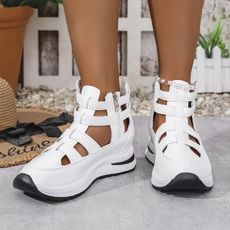 Women'S White High-Top Cage Cut-Out Zipper Thick Sole Sneakers - Breathable PU Upper, Cushioned Comfort, All-Season Casual & Light Sports Shoes