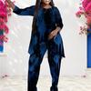 Women Plus Size Dark Blue Printed Round Neck Long Sleeve Layered Top Long Pants Set