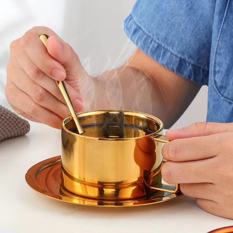 Ensemble de tasses à café double couche en acier inoxydable 304 avec soucoupe et cuillère (Anti-brûlure, isolé)