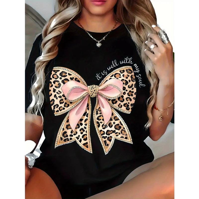 

European Size Women s Summer Short Sleeve T-Shirt - Cute My Soul Is Good Slogan with Leopard Print & Pink Bow Detail, Black Round Neck Casual Blouse 4XL