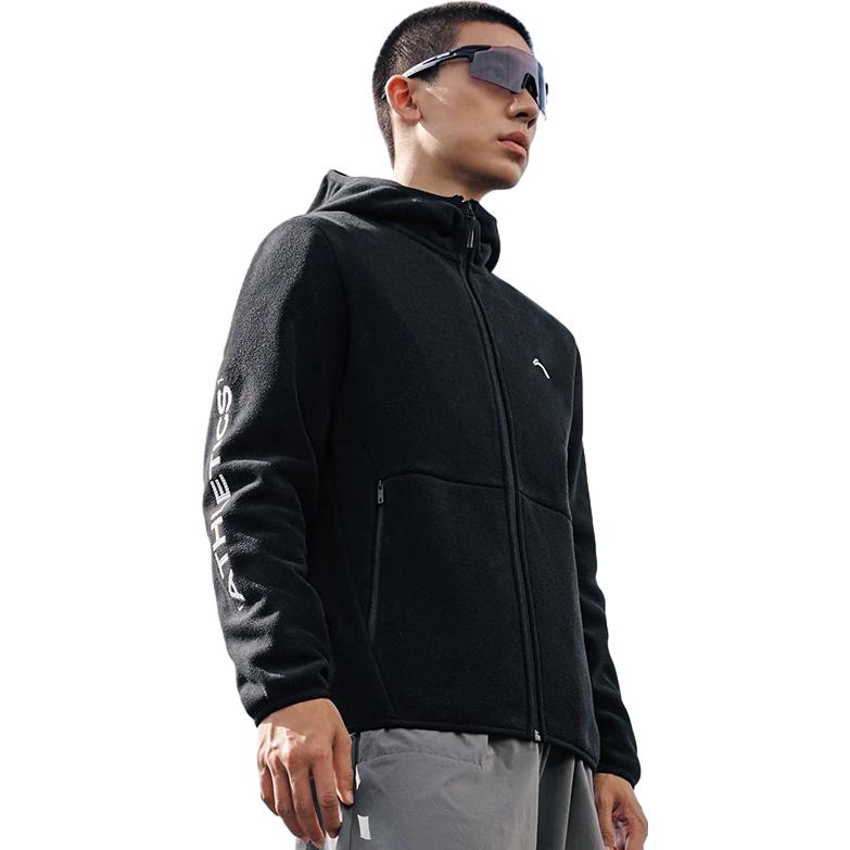 Li-Ning Fitness Series Solid Color Logo Zip Hooded Fleece Long Sleeve Jacket Men jackets Black AFDUD03-1