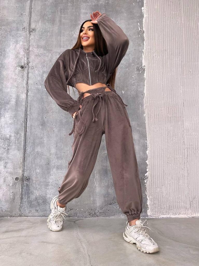 Casual European and American Women's Fashion Hooded Suit Solid Color Long-sleeved Zipper Waist Cardigan Lace-up Pants Two-piece Set