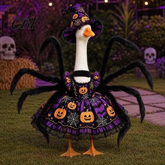 Porch Goose Costume 1 Set Halloween Spider Outfit, Pumpkin Cobweb Print Dress with for Yard Decoration Legs And Witch Hat, 23-Inch Statue Outdoor