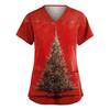 Women's Fashion V-Neck Short-Sleeved Workwear With Pockets Christmas Print Top Caregiver Uniform