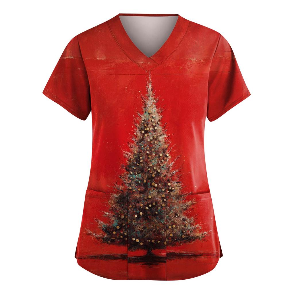 Women's Fashion V-Neck Short-Sleeved Workwear With Pockets Christmas Print Top Caregiver Uniform