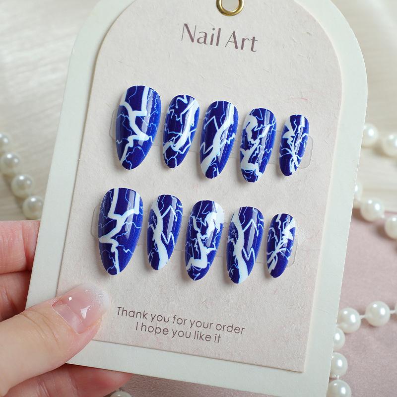 

24-Piece High-End Blue and White Lightning Almond Nail Tips Set