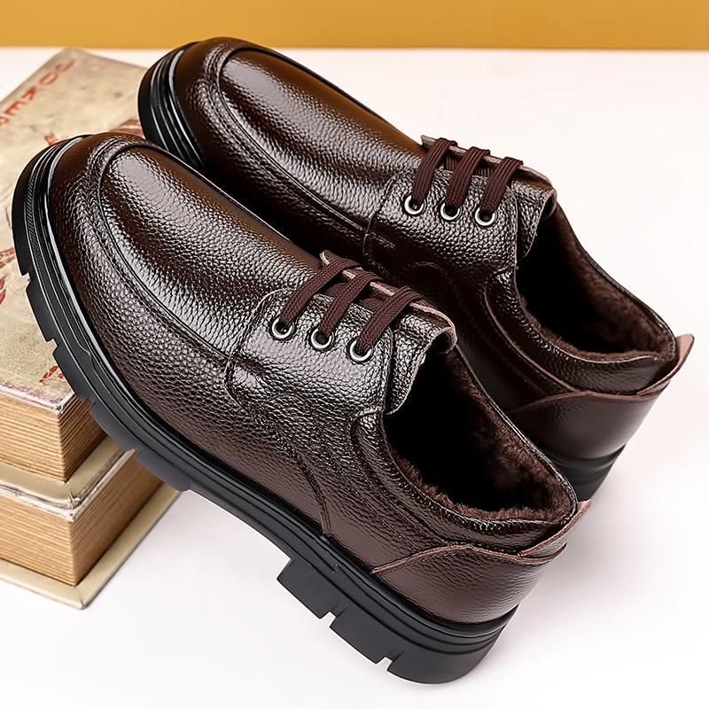Middle-aged men's casual leather shoes autumn and winter leather breathable lace-up velvet warm men's leather shoes