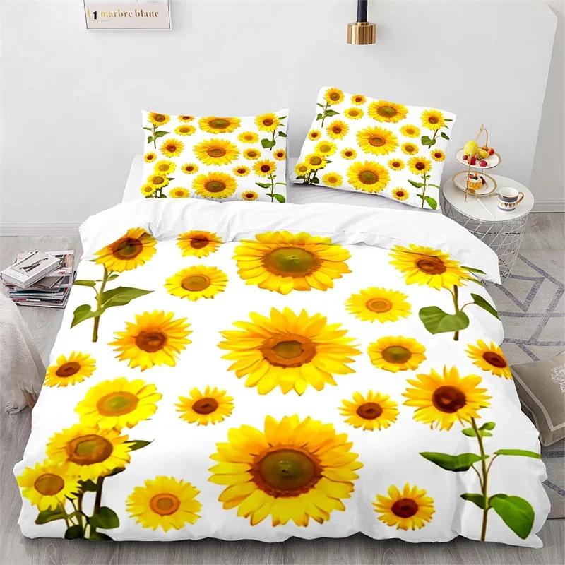 Sunflower Duvet Cover Botanical Floral Leaves Comforter Cover Twin King Size For Girl Women Microfiber Yellow Flower Bedding Set