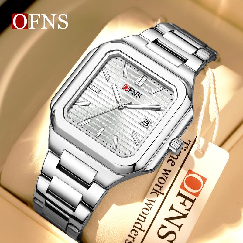 OFNS Luminous Square Steel Band Quartz Watch with Calendar